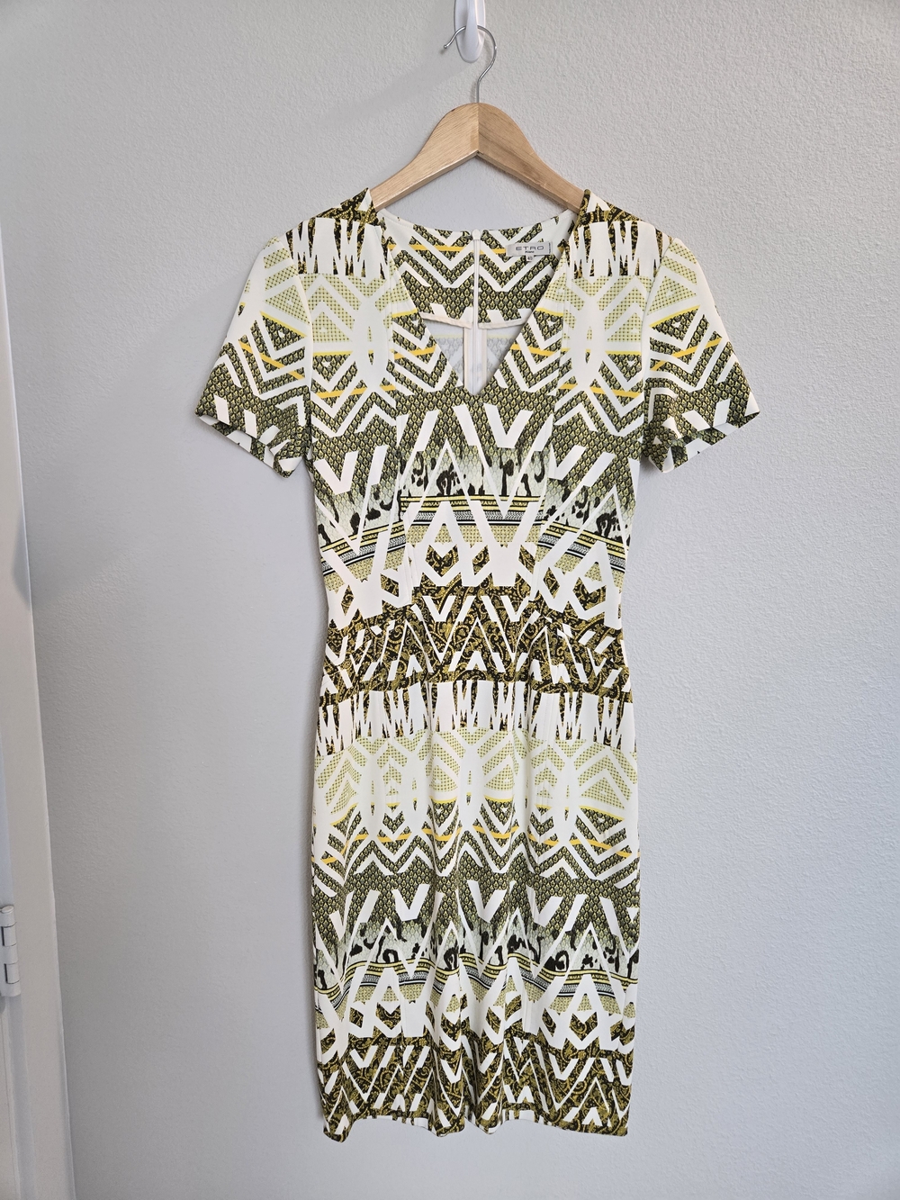 Etro Olive and White Geometric V-Neck Midi Dress